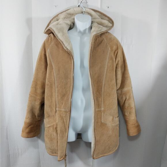 WINLIT! LUXE FAWN BEIGE/TAN GENUINE SUEDE LEATHER SHERPA, HOODIE COAT! SZ M - Picture 3 of 16